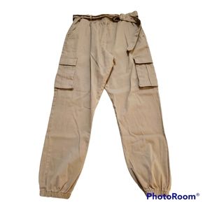 Tan high rise elasticized waist slash pockets cargo pockets cotton joggers
